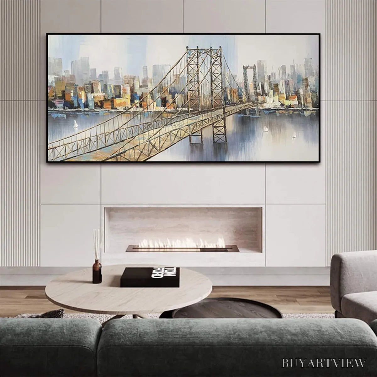 BUYARTVIEW Urban Connectivity – Panoramic Cityscape Oil Painting with Bridge - image 6