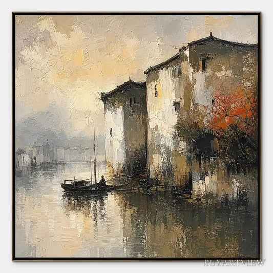 BUYARTVIEW Fogbound Canal – Misty European Cityscape Painting - image 1
