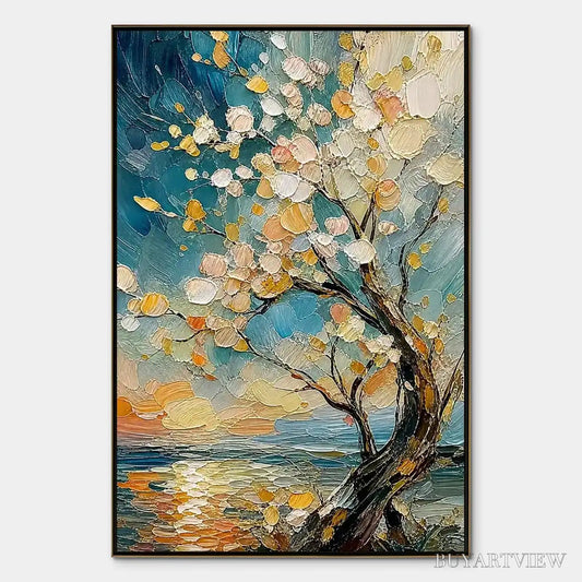 BUYARTVIEW Springtide Tree – Blossom Tree Seascape Painting - image 1
