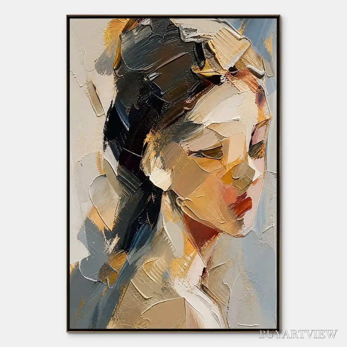 BUYARTVIEW Quiet Gaze – Textured Female Portrait Painting - image 1