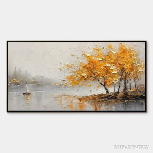 BUYARTVIEW Autumn Lake Tree – Golden Tree Lakeside Painting - image 1