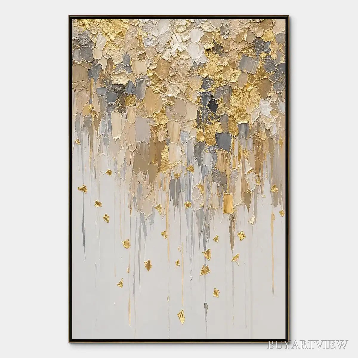 BUYARTVIEW Falling Gold – Gold Leaf Drip Abstract Painting - image 1