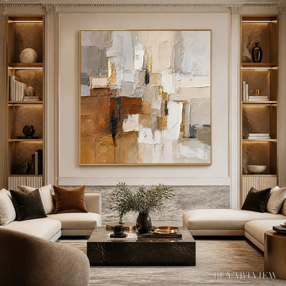 BUYARTVIEW Soft Cubes – Neutral Cubist Abstract Oil Painting - image 2