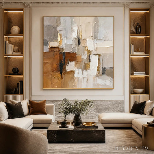 BUYARTVIEW Soft Cubes – Neutral Cubist Abstract Oil Painting - image 2