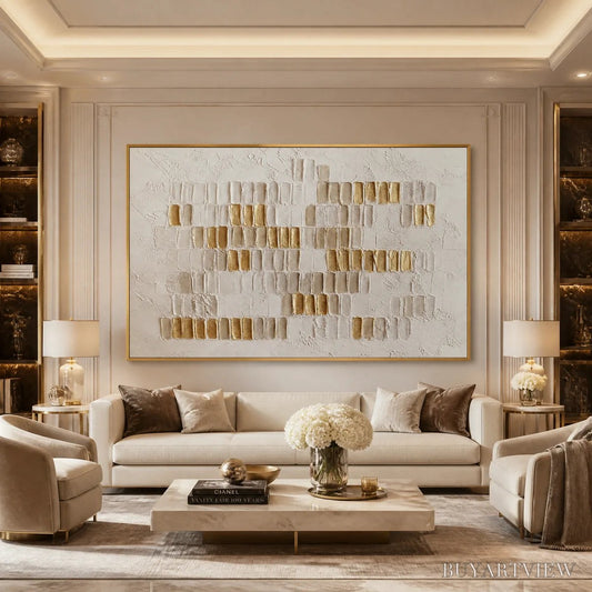 BUYARTVIEW Ivory Halo – White Gold Relief Texture Abstract - image 2