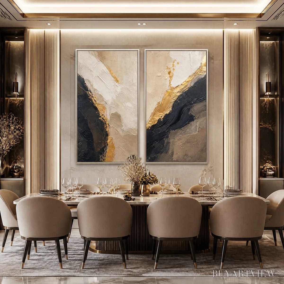 BUYARTVIEW Twin Ember – Black Gold Diptych Abstract Set - image 2