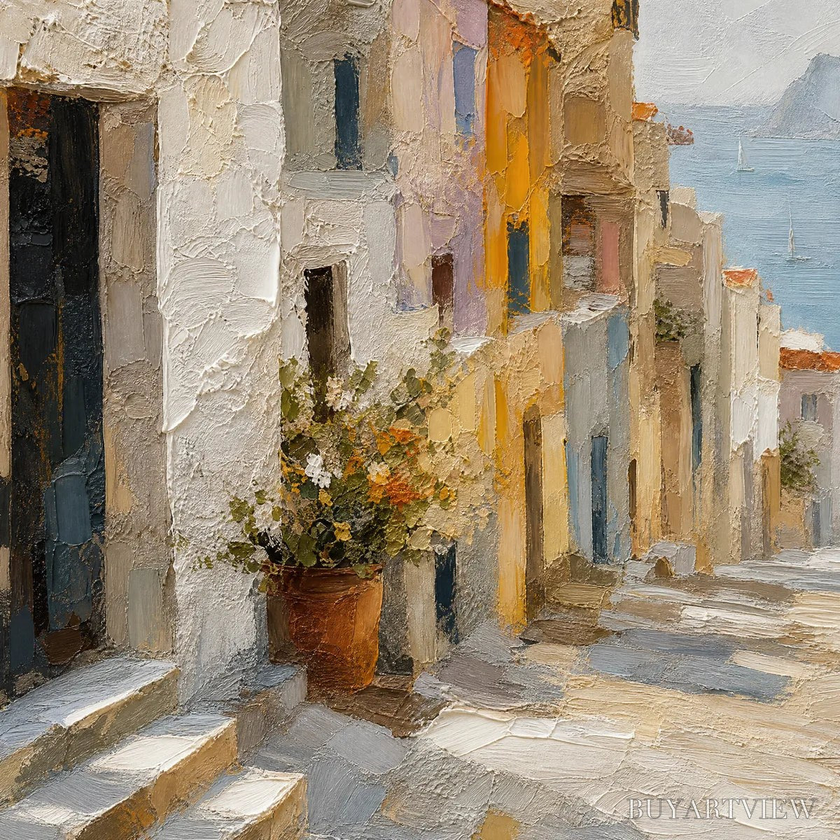 BUYARTVIEW Afternoon Alley – Sunlit Mediterranean Street Painting - image 3