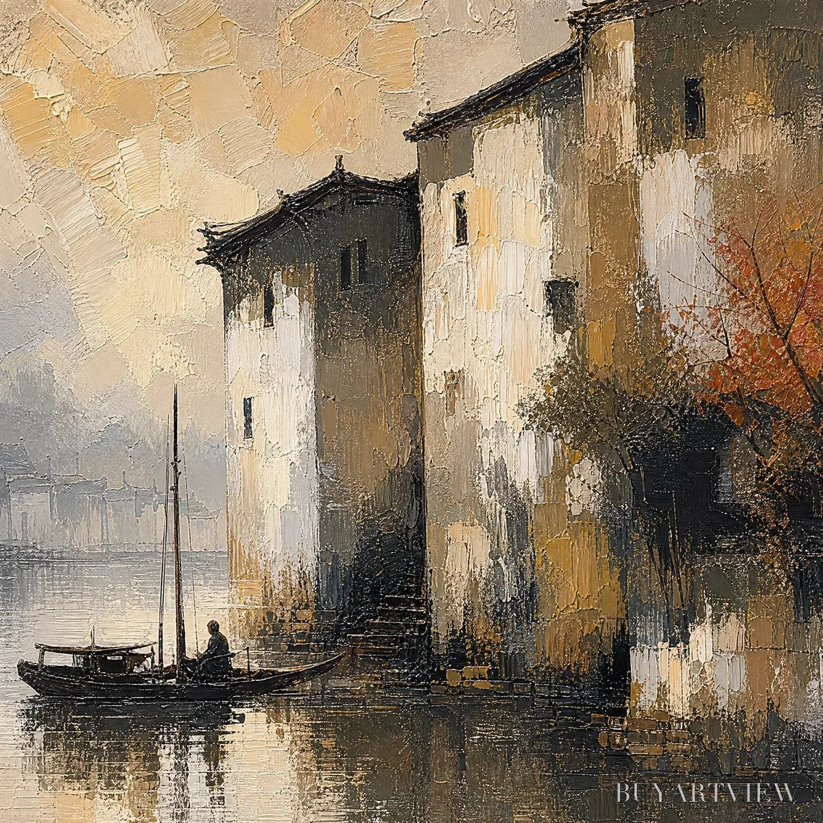 BUYARTVIEW Fogbound Canal – Misty European Cityscape Painting - image 3