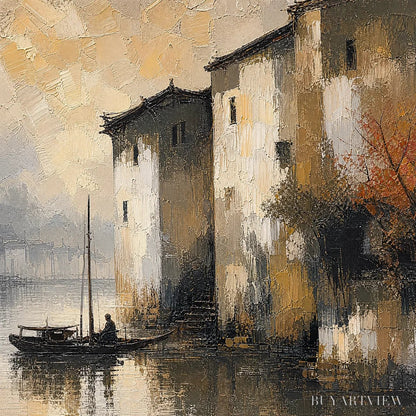BUYARTVIEW Fogbound Canal – Misty European Cityscape Painting - image 3