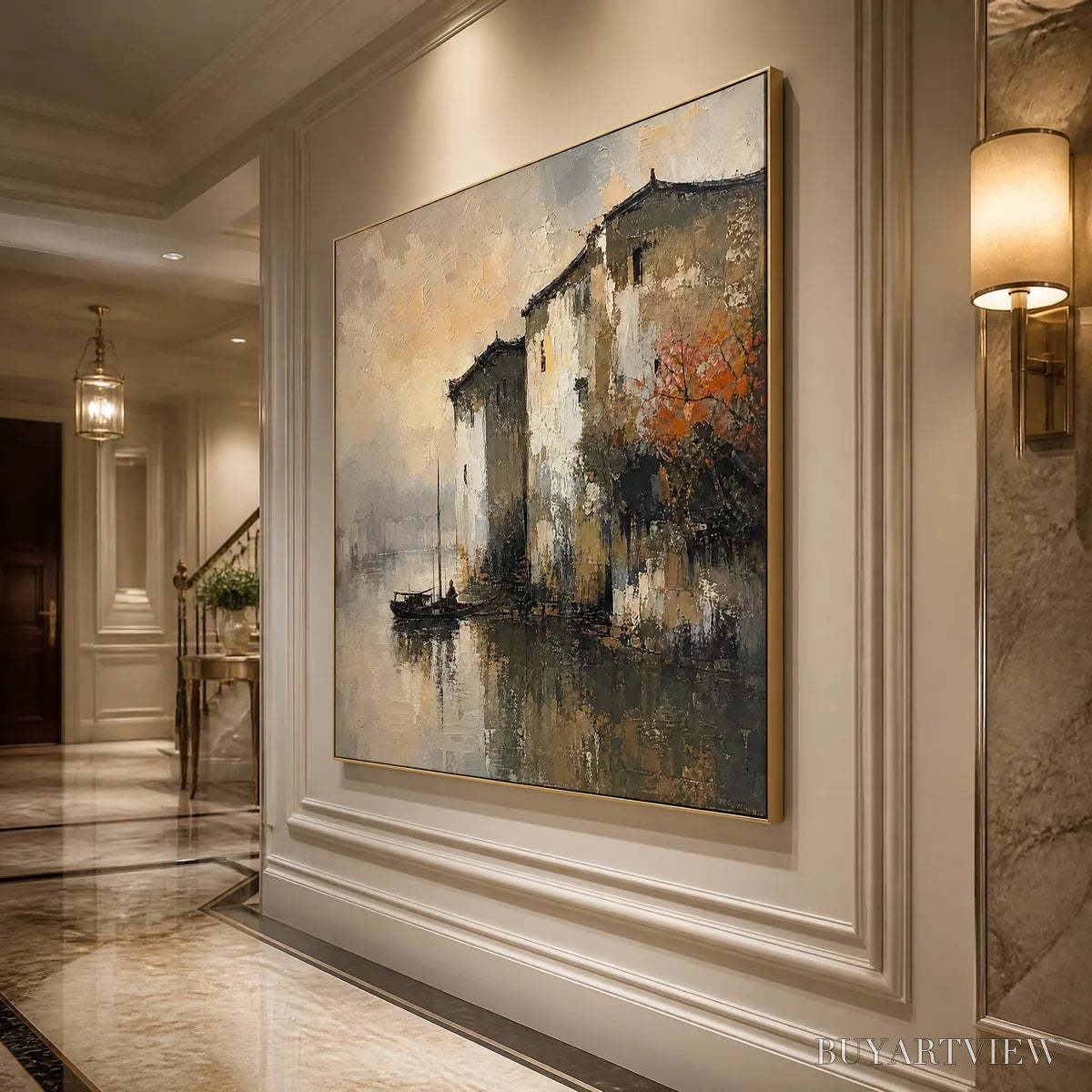 BUYARTVIEW Fogbound Canal – Misty European Cityscape Painting - image 4
