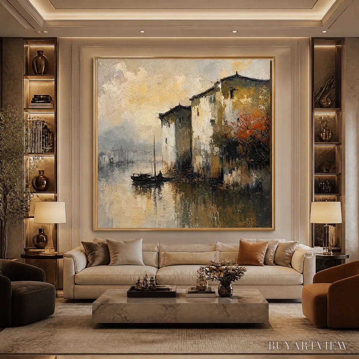BUYARTVIEW Fogbound Canal – Misty European Cityscape Painting - image 5