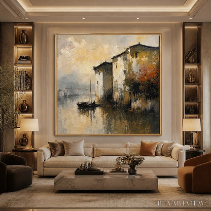 BUYARTVIEW Fogbound Canal – Misty European Cityscape Painting - image 5