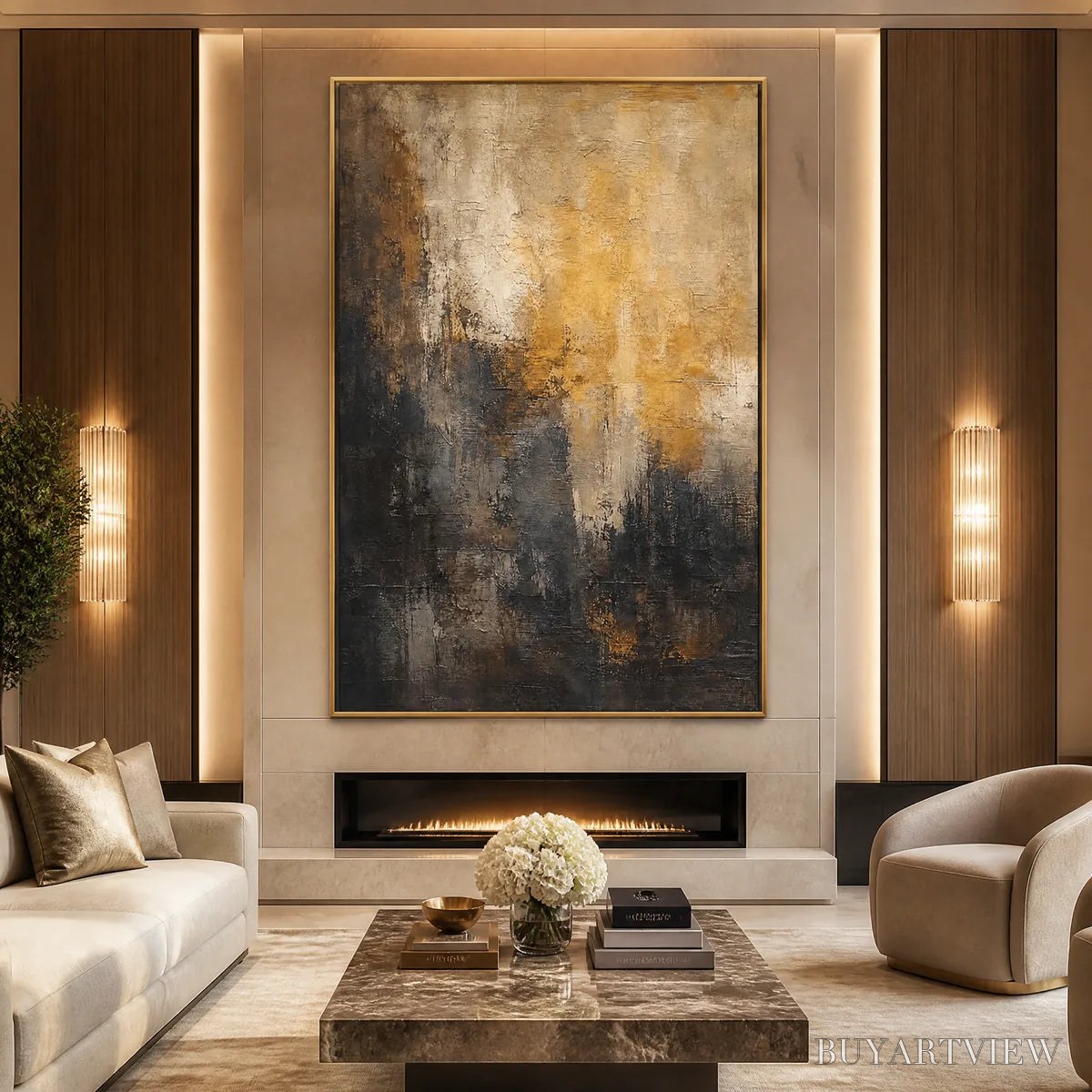 BUYARTVIEW Dark Ember Rise – Dark Gold Vertical Abstract - image 5