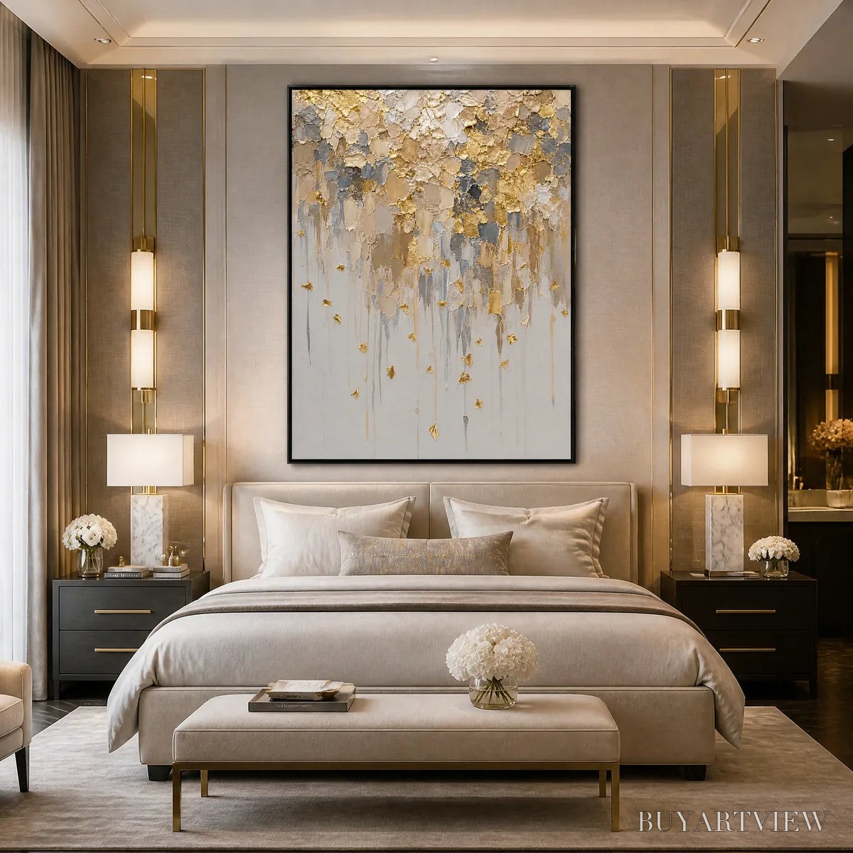 BUYARTVIEW Falling Gold – Gold Leaf Drip Abstract Painting - image 5