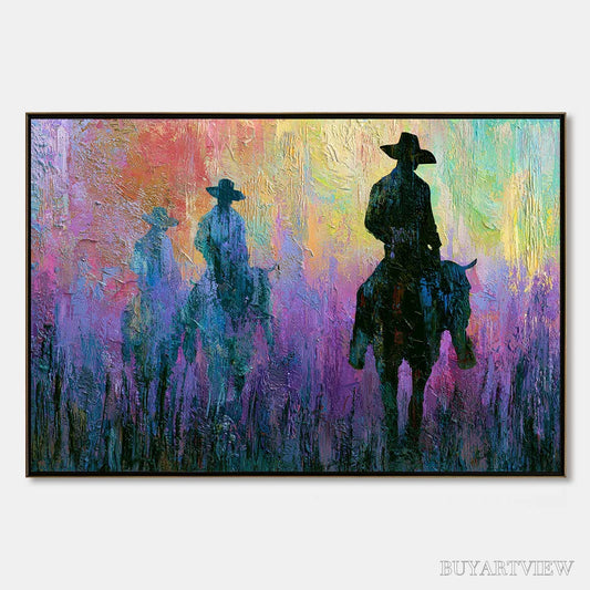 BUYARTVIEW Dusk Riders – Colorful Abstract Western Impasto Oil Painting - image 1