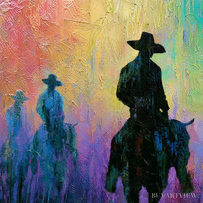 BUYARTVIEW Dusk Riders – Colorful Abstract Western Impasto Oil Painting - image 3