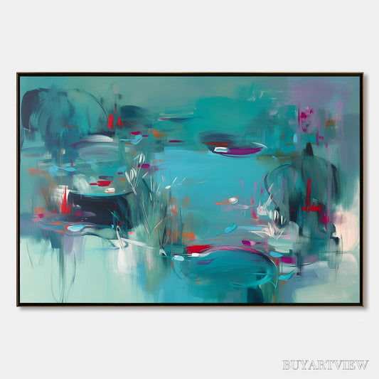 BUYARTVIEW Lilac Reverie – Modern Abstract Waterscape Painting in Teal and Red - image 1