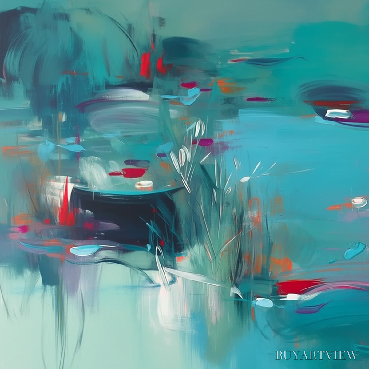 BUYARTVIEW Lilac Reverie – Modern Abstract Waterscape Painting in Teal and Red - image 3