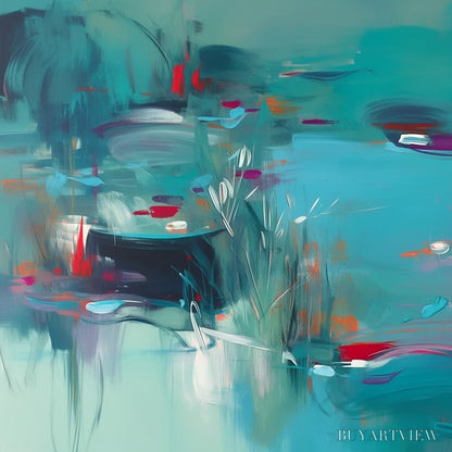 BUYARTVIEW Lilac Reverie – Modern Abstract Waterscape Painting in Teal and Red - image 3