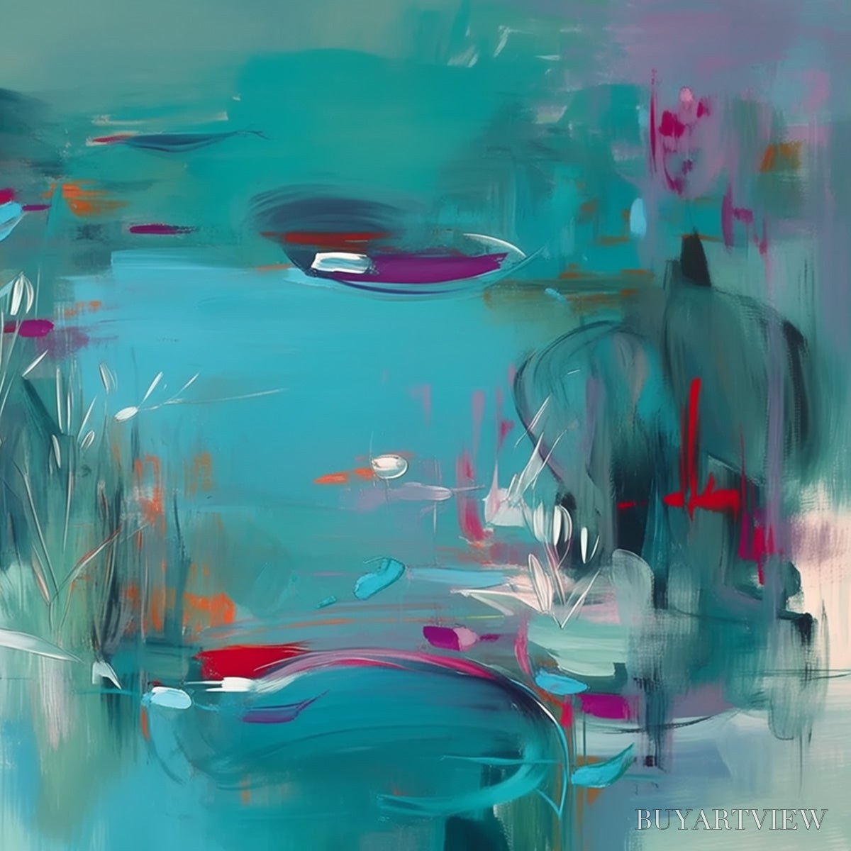 BUYARTVIEW Lilac Reverie – Modern Abstract Waterscape Painting in Teal and Red - image 5