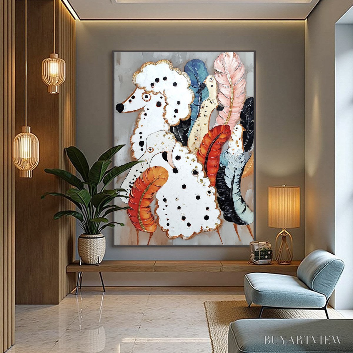 BUYARTVIEW Canine Couture – Whimsical Abstract Poodle and Feather Painting - image 4
