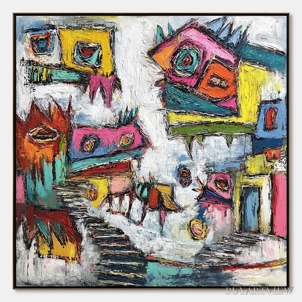 BUYARTVIEW Chromatic Riot – Large Colorful Textured Abstract Cityscape Painting - image 1