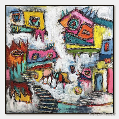 BUYARTVIEW Chromatic Riot – Large Colorful Textured Abstract Cityscape Painting - image 1