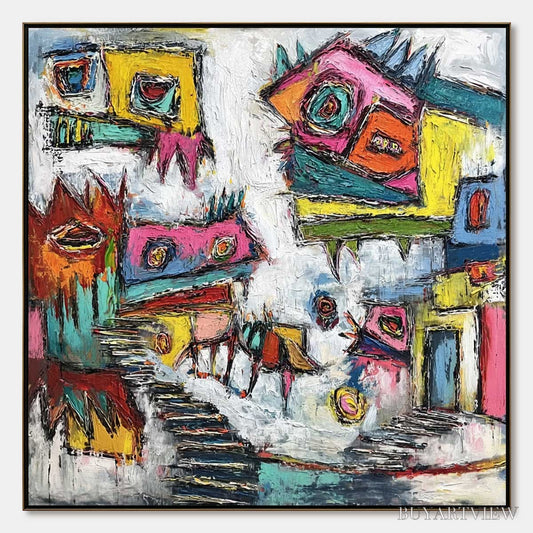 BUYARTVIEW Chromatic Riot – Large Colorful Textured Abstract Cityscape Painting - image 1