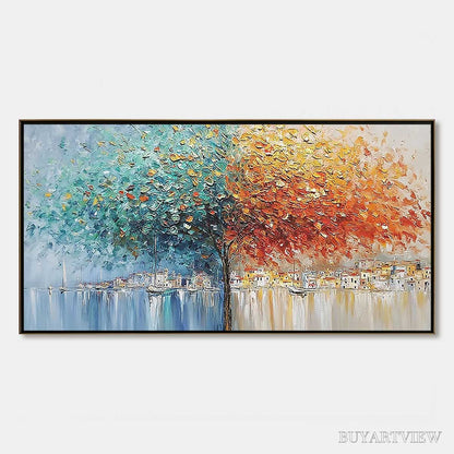 BUYARTVIEW Harbor of Hues – Textured Palette Knife Painting of a Coastal Town - image 1