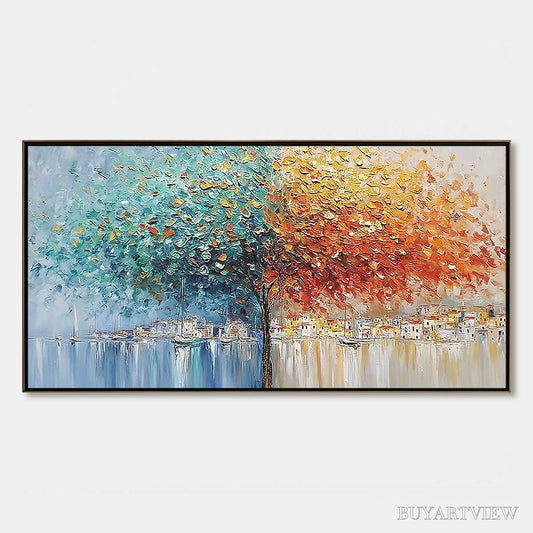 BUYARTVIEW Harbor of Hues – Textured Palette Knife Painting of a Coastal Town - image 1