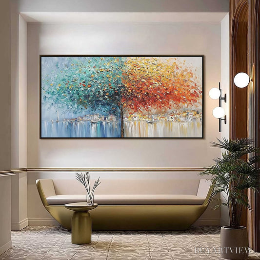 BUYARTVIEW Harbor of Hues – Textured Palette Knife Painting of a Coastal Town - image 2