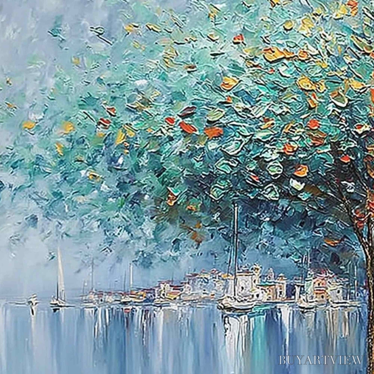 BUYARTVIEW Harbor of Hues – Textured Palette Knife Painting of a Coastal Town - image 3