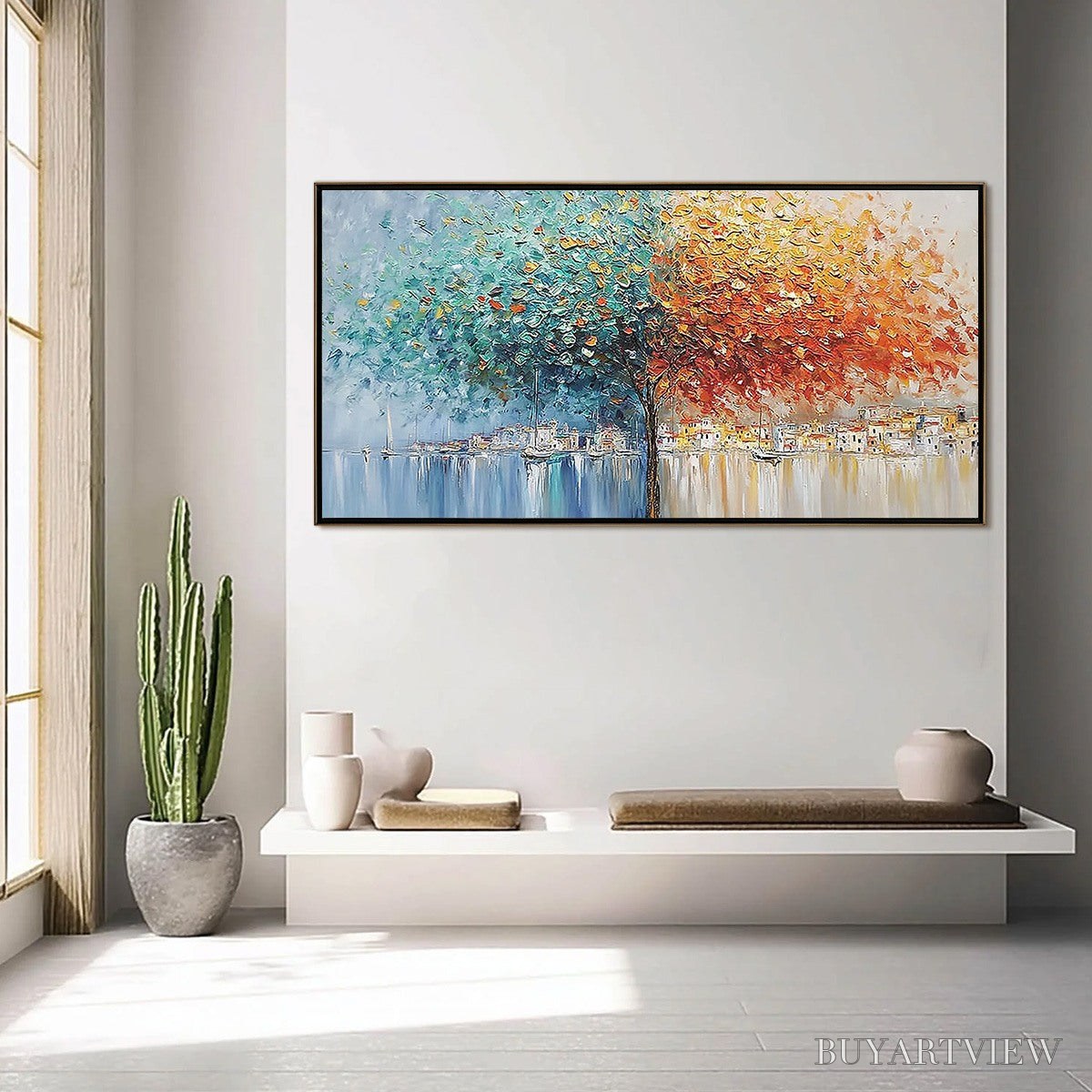 BUYARTVIEW Harbor of Hues – Textured Palette Knife Painting of a Coastal Town - image 4
