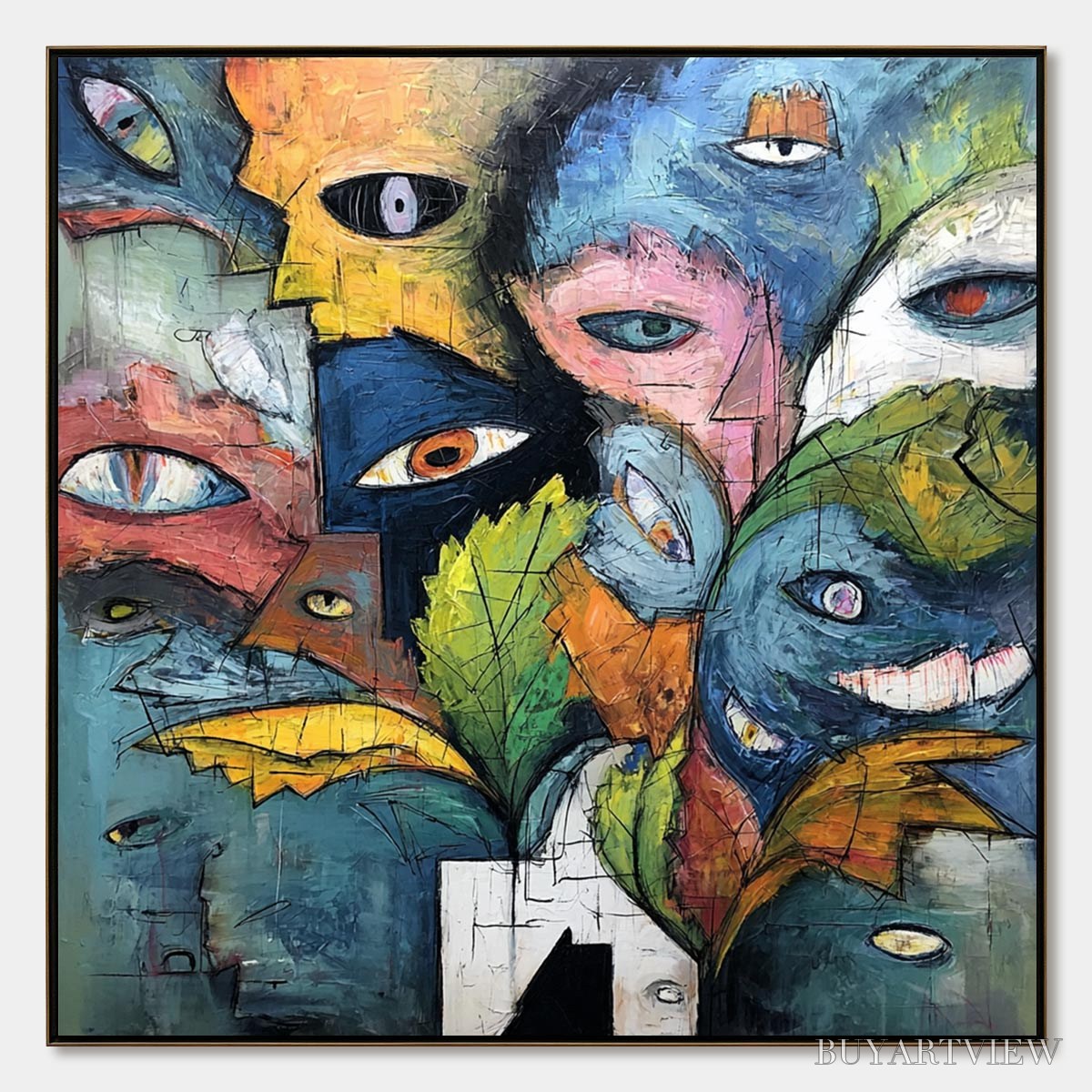 BUYARTVIEW Spectators – Large Colorful Abstract Faces Impasto Painting - image 1