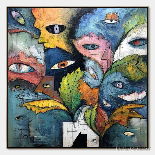 BUYARTVIEW Spectators – Large Colorful Abstract Faces Impasto Painting - image 1