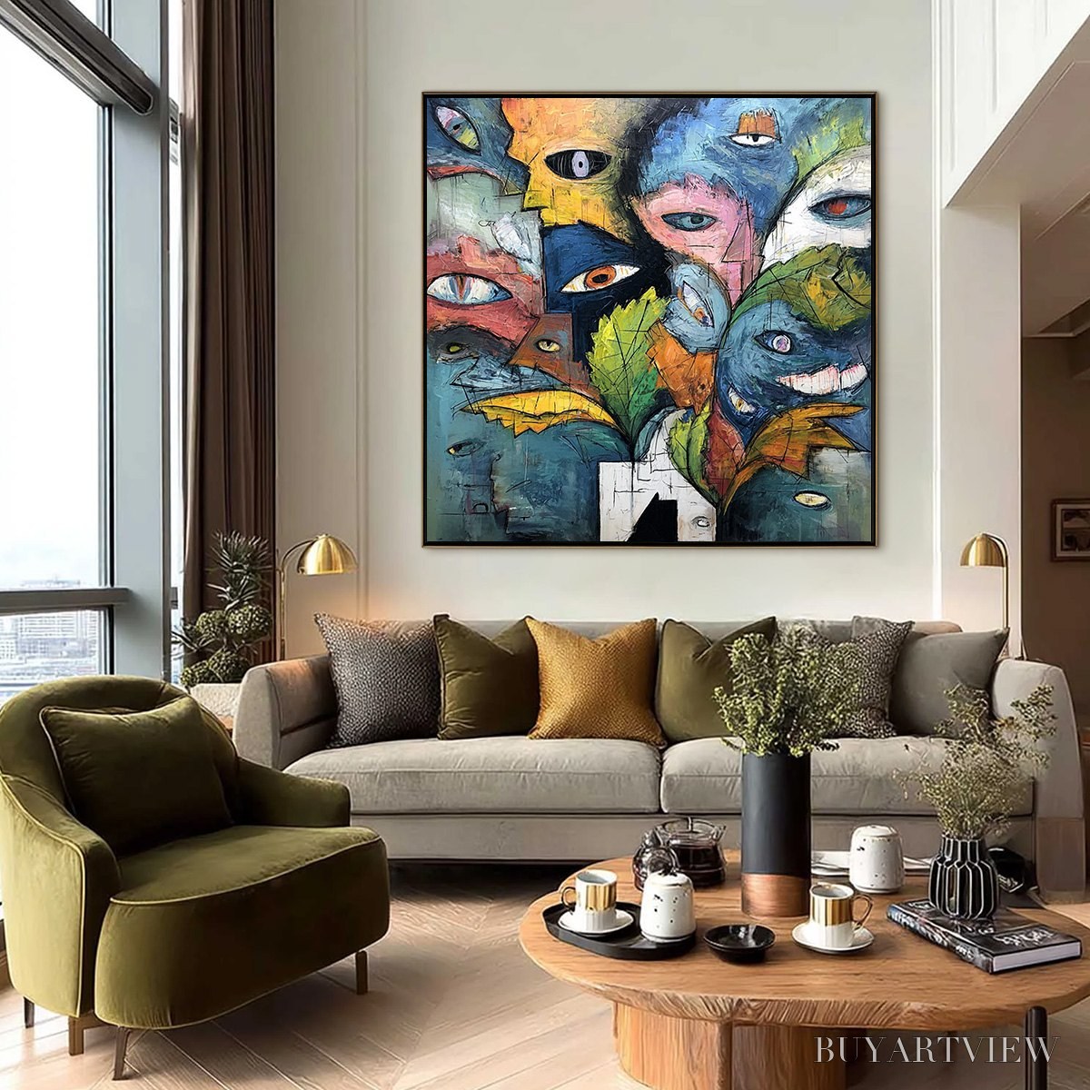 BUYARTVIEW Spectators – Large Colorful Abstract Faces Impasto Painting - image 2