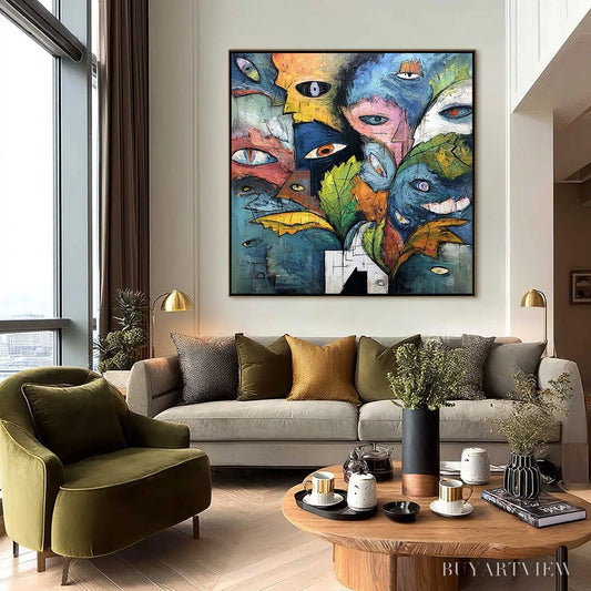 BUYARTVIEW Spectators – Large Colorful Abstract Faces Impasto Painting - image 2