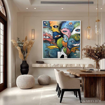 BUYARTVIEW Spectators – Large Colorful Abstract Faces Impasto Painting - image 4