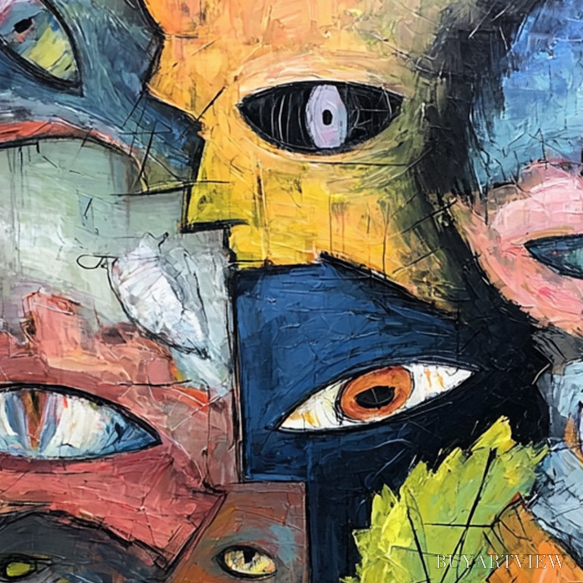 BUYARTVIEW Spectators – Large Colorful Abstract Faces Impasto Painting - image 5