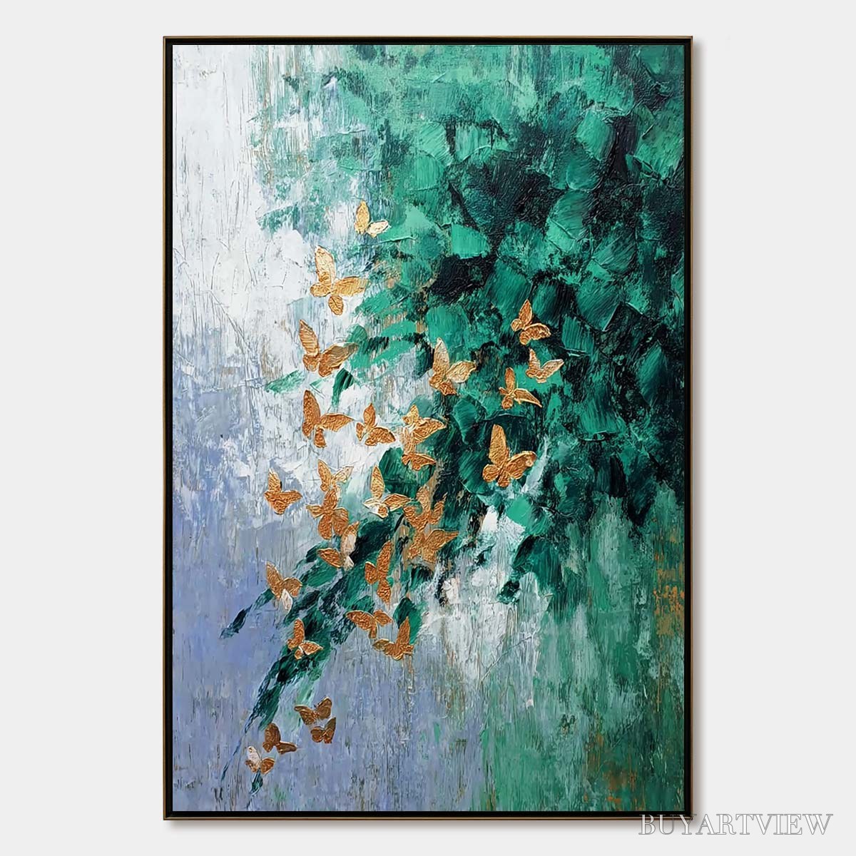 BUYARTVIEW Emerald Flutter – Textured Abstract Butterfly Painting with Golden Accents - image 1