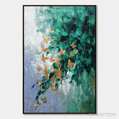 BUYARTVIEW Emerald Flutter – Textured Abstract Butterfly Painting with Golden Accents - image 1