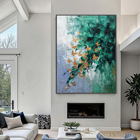 BUYARTVIEW Emerald Flutter – Textured Abstract Butterfly Painting with Golden Accents - image 2