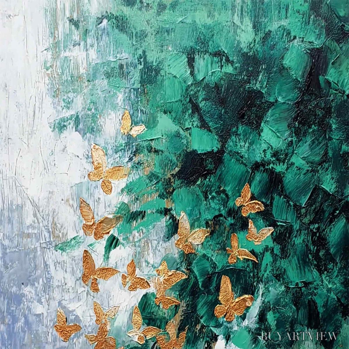 BUYARTVIEW Emerald Flutter – Textured Abstract Butterfly Painting with Golden Accents - image 3