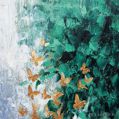 BUYARTVIEW Emerald Flutter – Textured Abstract Butterfly Painting with Golden Accents - image 3