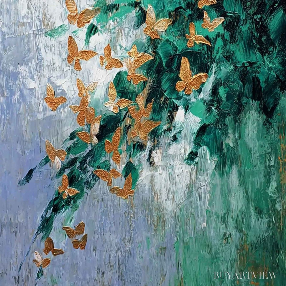 BUYARTVIEW Emerald Flutter – Textured Abstract Butterfly Painting with Golden Accents - image 5