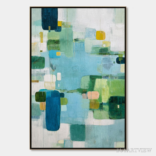BUYARTVIEW Verdant Mosaic – Vertical Modern Blue and Green Abstract Painting - image 1