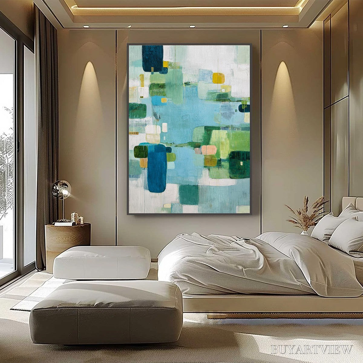 BUYARTVIEW Verdant Mosaic – Vertical Modern Blue and Green Abstract Painting - image 2