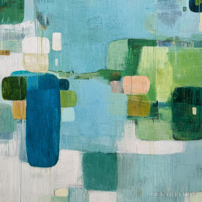BUYARTVIEW Verdant Mosaic – Vertical Modern Blue and Green Abstract Painting - image 3