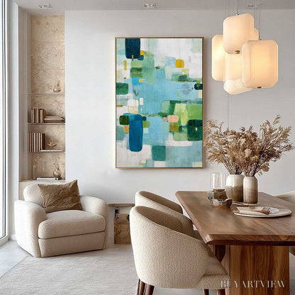 BUYARTVIEW Verdant Mosaic – Vertical Modern Blue and Green Abstract Painting - image 4