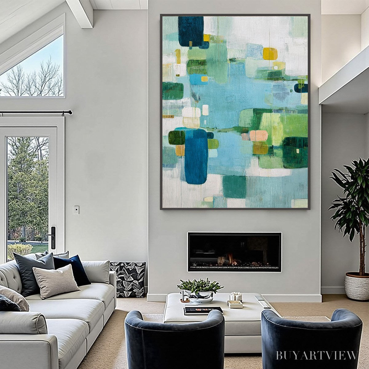 BUYARTVIEW Verdant Mosaic – Vertical Modern Blue and Green Abstract Painting - image 6